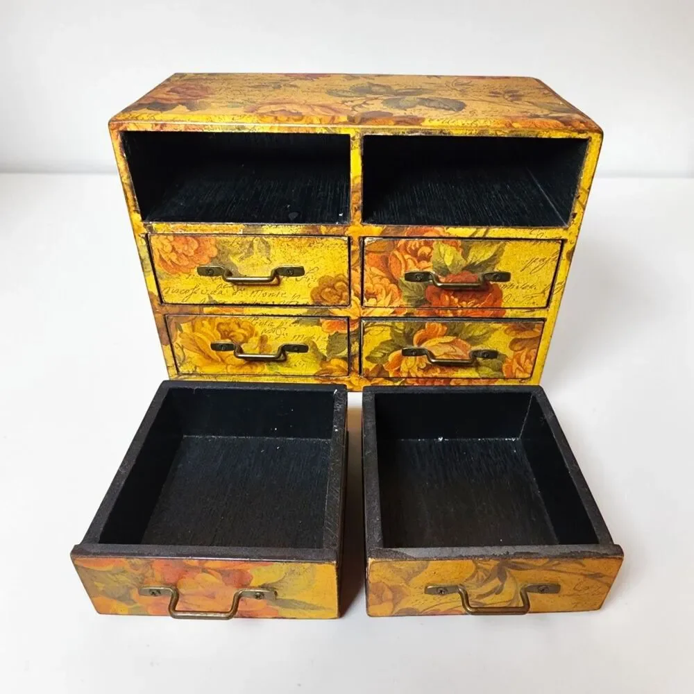 Floral 6 Drawer Desktop Organizer Jewelry Chest Shabby Chic Wood Box